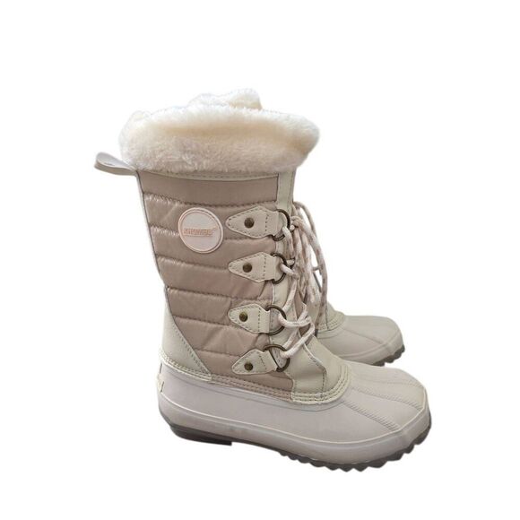 Khombu Winter Fur Boots Cream Lace Up Duck Boots Water Resistant Size 6 NEW - Picture 2 of 9